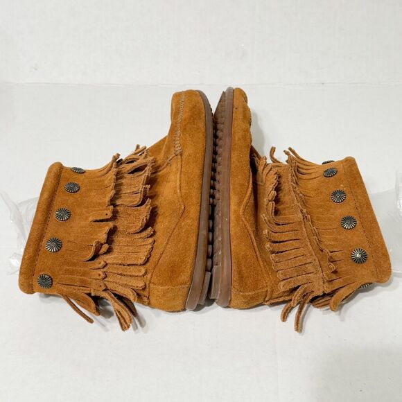 Minnetonka Womens Double Fringe Suede Studded Moccasin Boots Side Zip Sz 7 Tan - Picture 5 of 11